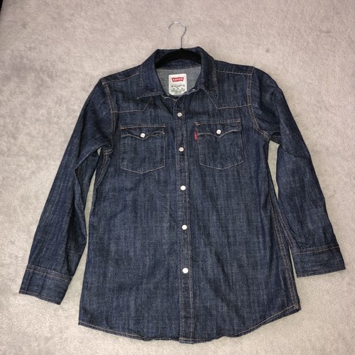 LEVI'S Youth Western Dark Wash Denim Pearl Snap Long Sleeve Shirt Size M (10-12) - Picture 3 of 11