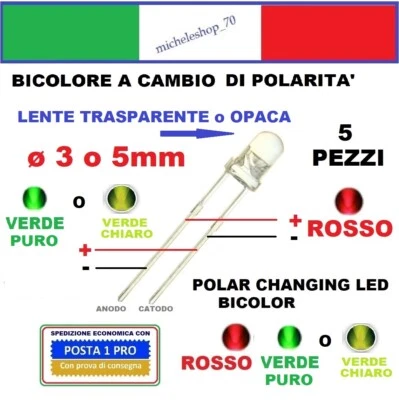diodo led bicolore rosso/verde 2pin polar changing Diametro 3 e 5mm non polare