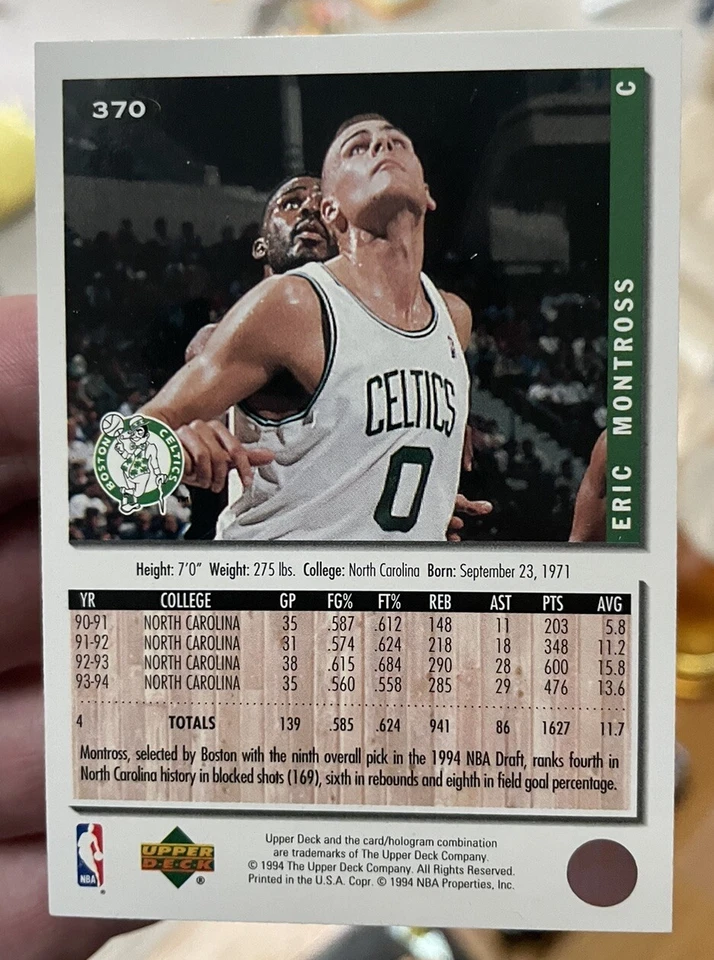Tarjeta de novato Eric Montross 1994-95 Collectors Choice RC #370 Boston Celtics Foto 2 de 2