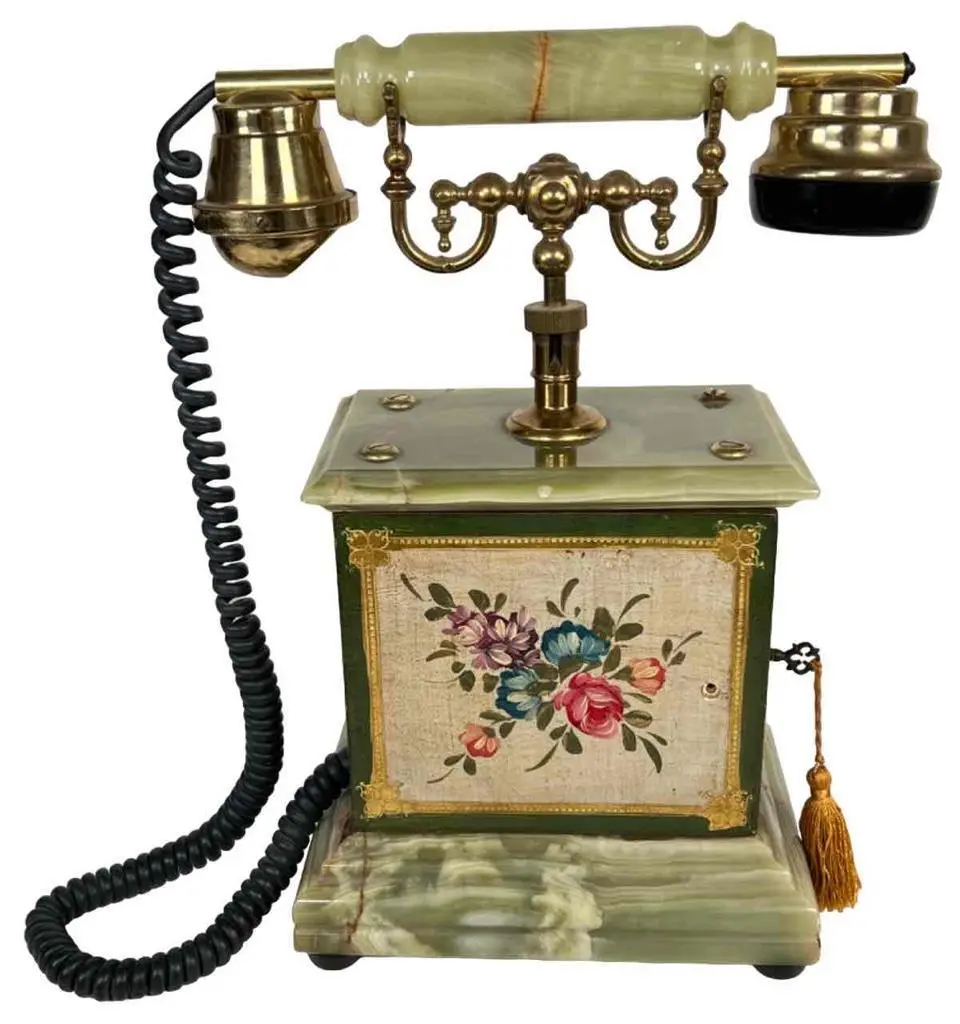 Retro Vintage Italian Telart Viareggio Kitsch Green Onyx Ornate Rotary  Telephone