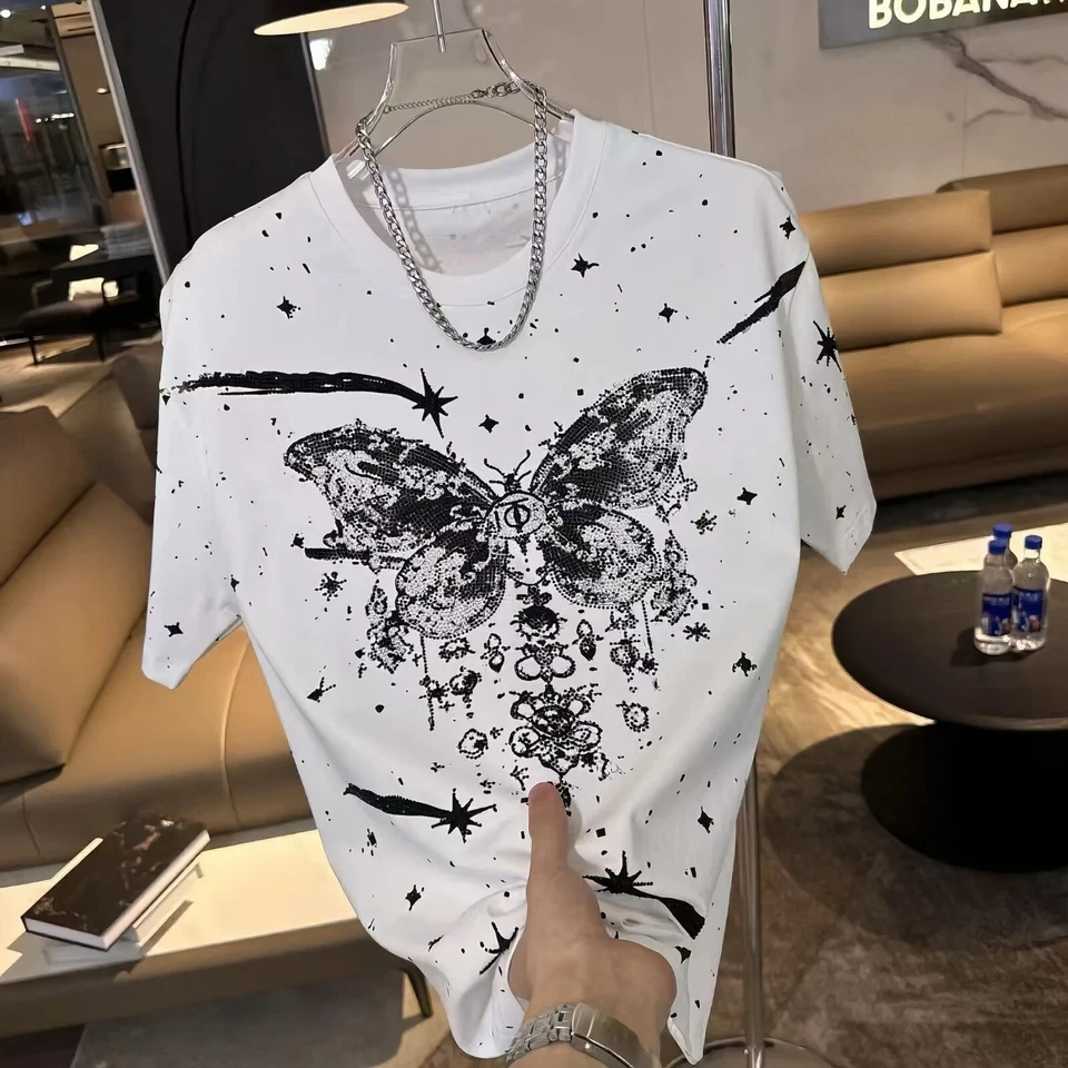 Nueva Camiseta de Lujo para Hombres Diamante Mariposa Estrás Moda Alta Calidad - Imagen 3 de 4