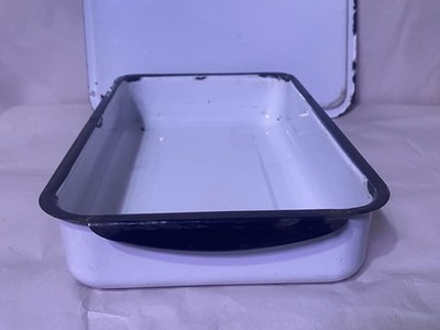 White Enamelware Pan with Lid Refrigerator Storage Crisper Box Rectangle Vintage