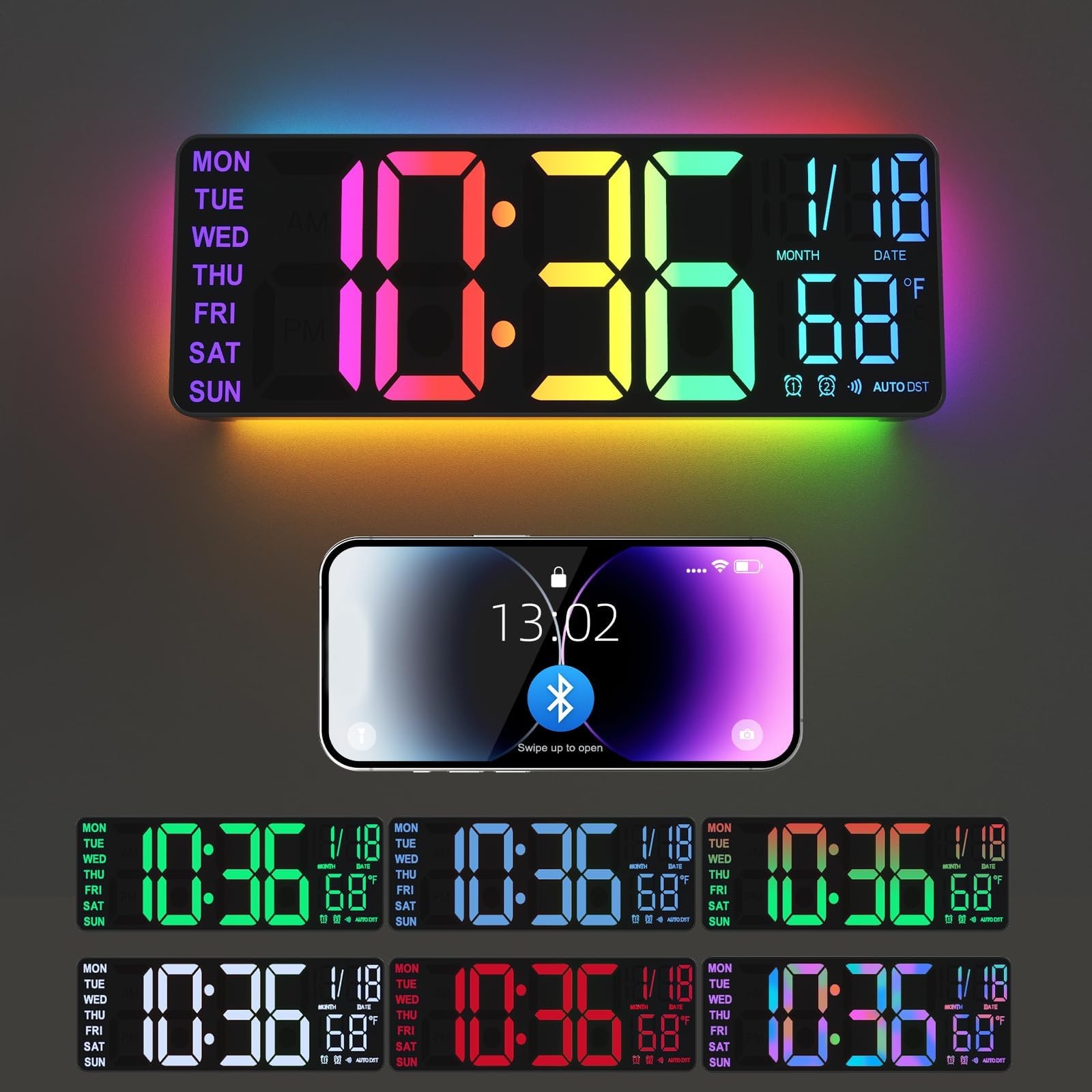YISILE 13" Digital Wall Clock with Night Light,8 RGB Color,Dual Alarms with L...