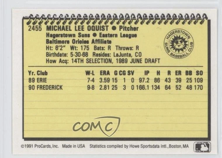 1991 ProCards Minor League Mike Oquist #2455 - Image 2 of 2