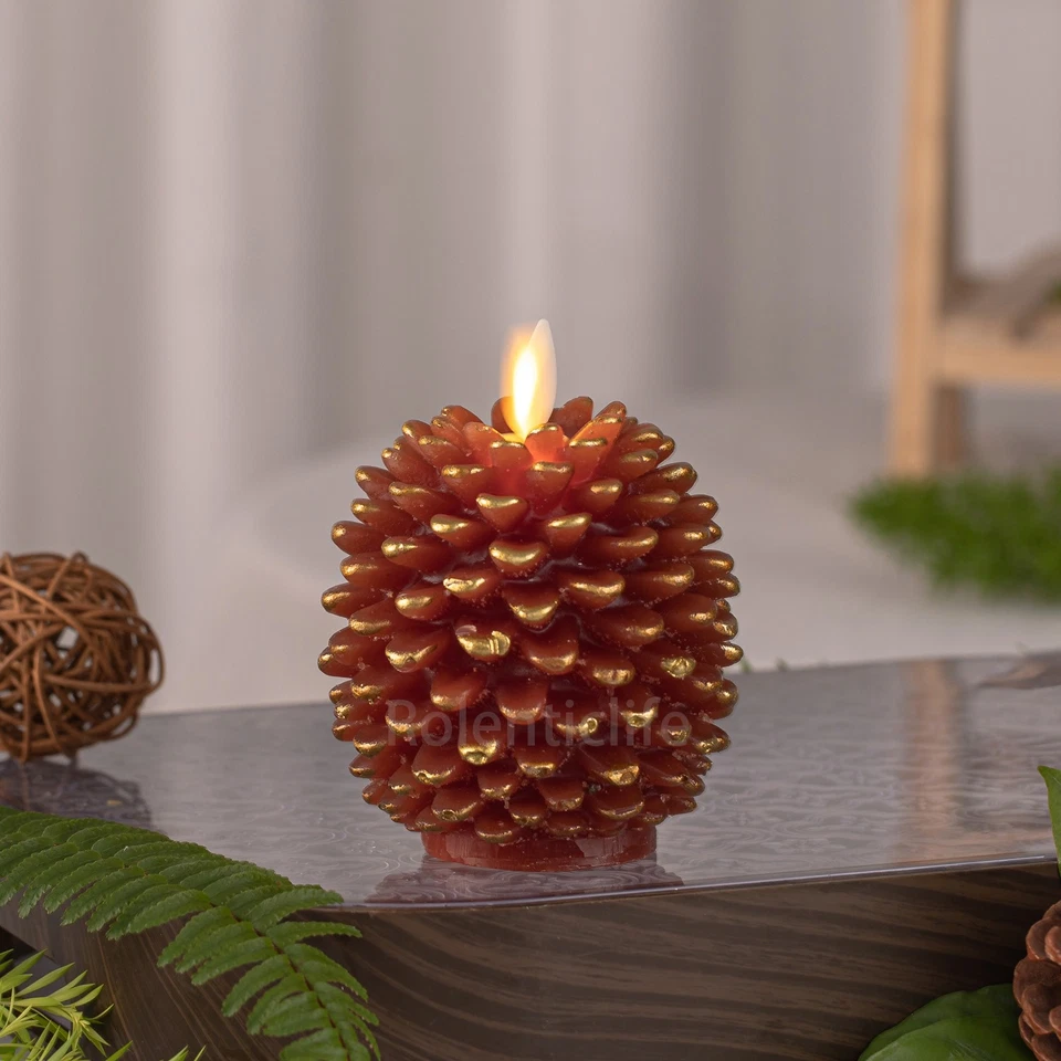 Juego de 1 velas de cera de parafina cono de pino sin llama Luminara con control remoto (marrón) Foto 2 de 4