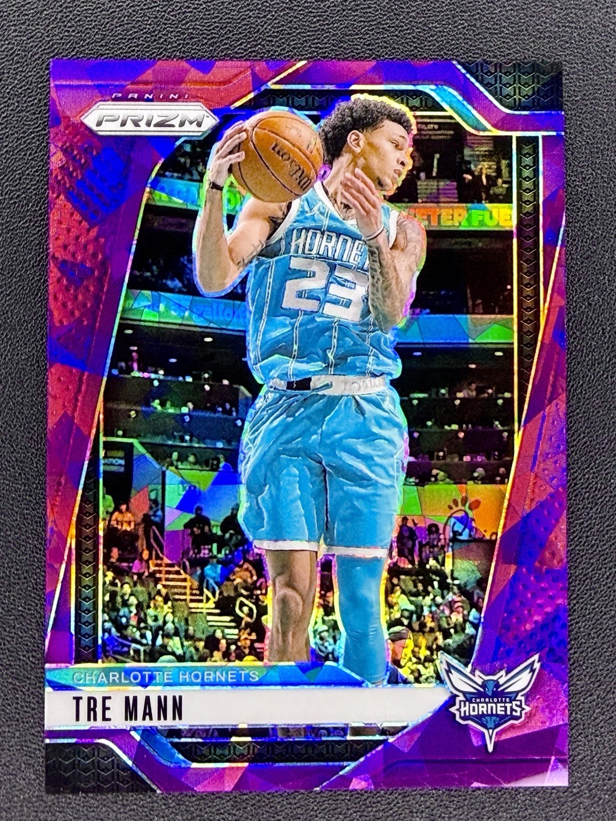 2024-25 Panini Prizm Tre Mann #179 Purple Cracked Ice Holo  /149 Hornets