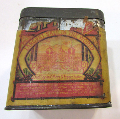 Empty Old Lipton Tea 3'' Cube Box Antique Tin Can w Partial Paper Label Ceylon