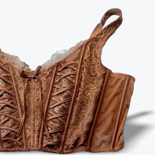Victorias Secret Lace Up Corset Top Brown Gold Metallic XL Romantic Boudoir Glam