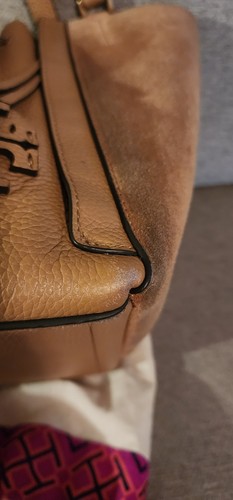Tory Burch McGraw Dragonfly Drawstring Tote Shopper Tan Suade Bag Used READ - Picture 12 of 19