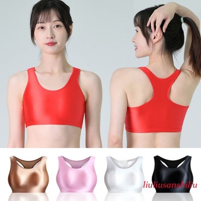 MJINM Women Shiny Glossy Sports Bra Camisole Crop Top Yoga Fitness Tank Top