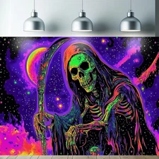 Blacklight Skull Tapestry Glow in the Dark UV Reactive Grim Reaper Wall Hanging