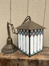 Antique Arts & Crafts Stained Glass Pendant Light Stickley Tiffany Era 