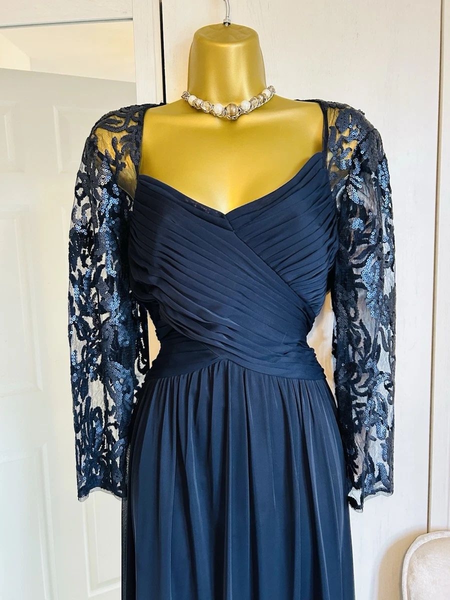 Vestido de Noche Largo Azul Marino Adrianna Papell Encaje Lentejuelas Manga Reino Unido 18 Ocasión Formal