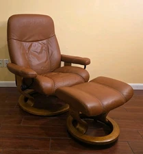 Ekornes Stressless Large Cognac "Consul" Leather Recliner Chair & Ottoman