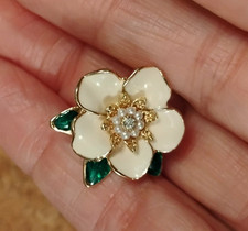 White Enamel Flower Brooch with Gold-tone, Rhinestone, and Faux Pearl at Center