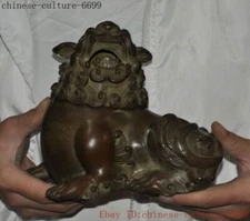 6" China bronze Feng Shui exorcism Lucky lion Incense burner Censer