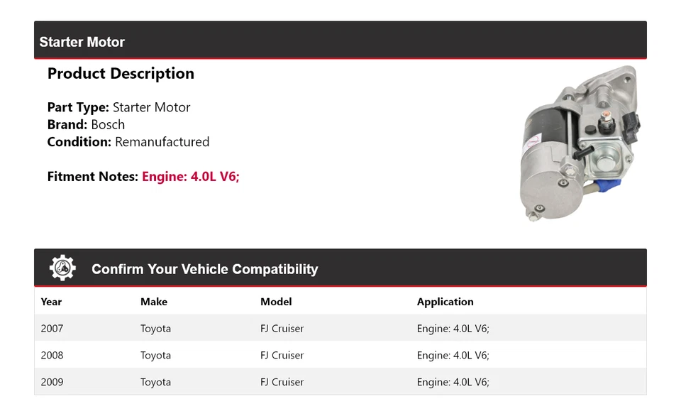 Стартер (восстановленный) 2008 для Toyota FJ Cruiser 4,0 л V6 Bosch 2007-2009 годов выпуска - Изображение 2 из 4