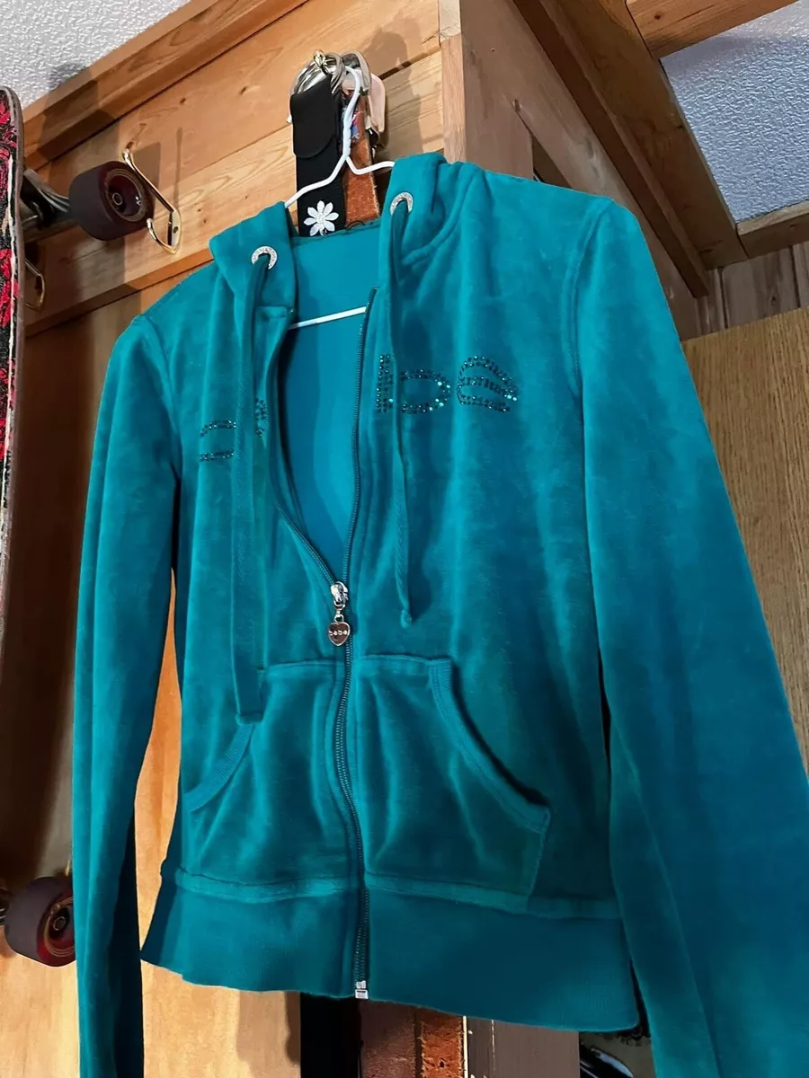 Y2K Bebe Turquoise Velour Rhinestone Zip Up Hoodie