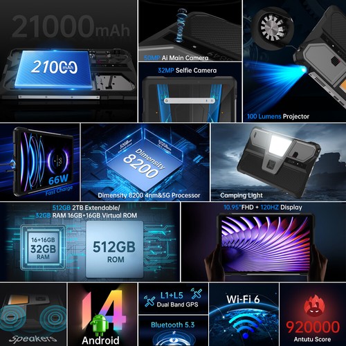 Global 8849 Tank Pad 5G Projector Tablet Camping Lights 21000mAh 50MP 512GB IP68 - Picture 2 of 15