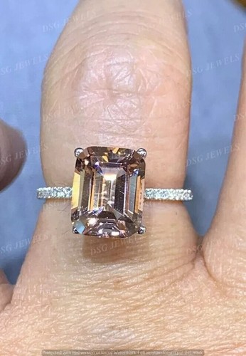 3 Ct Emerald Cut Lab-Created Morganite Halo Engagement Ring 14K Rose Gold Plated - Picture 3 of 3