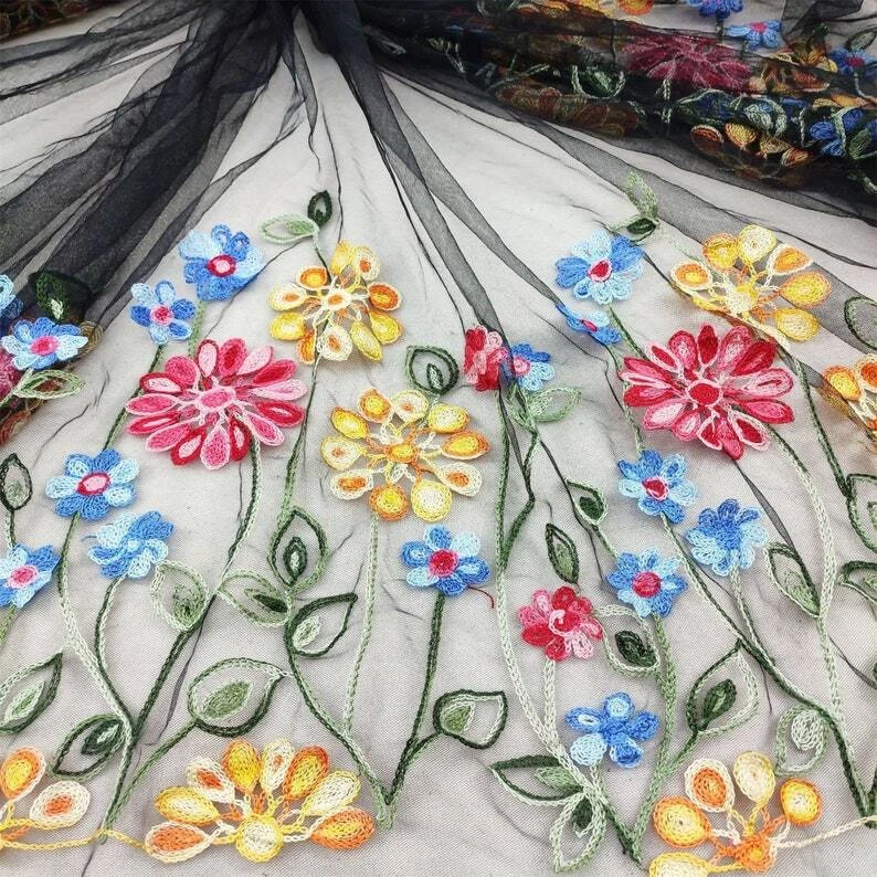 Multicolor Flower Embroidered symmetry Floral tulle lace fabric Soft black mesh - Image 3 of 4