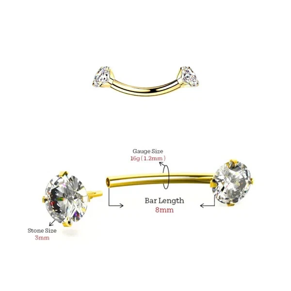 16G 14K REAL Solid Yellow Gold Internally Threaded 3mm CZ Gem Eyebrow Ring - Image 3 of 3