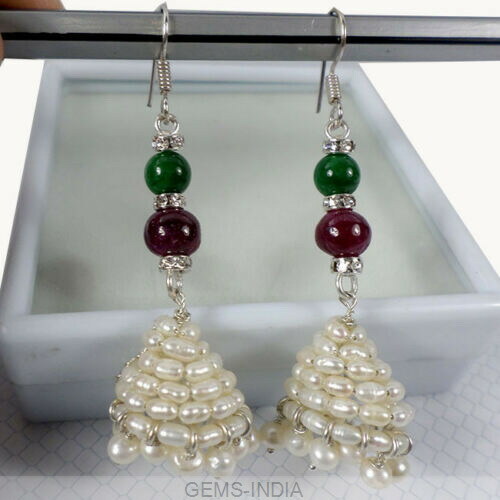 3"Long Pearl & Ruby Emerald Handmade Pair Of Earring Silver Earwire~77.60 Cts - Picture 1 of 2