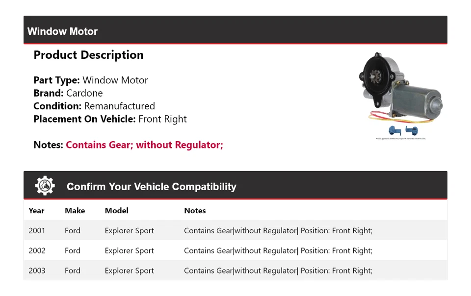 Ford Explorer 2001-2003 deportivo ventana motor delantero derecho cardone 2002 Foto 2 de 4