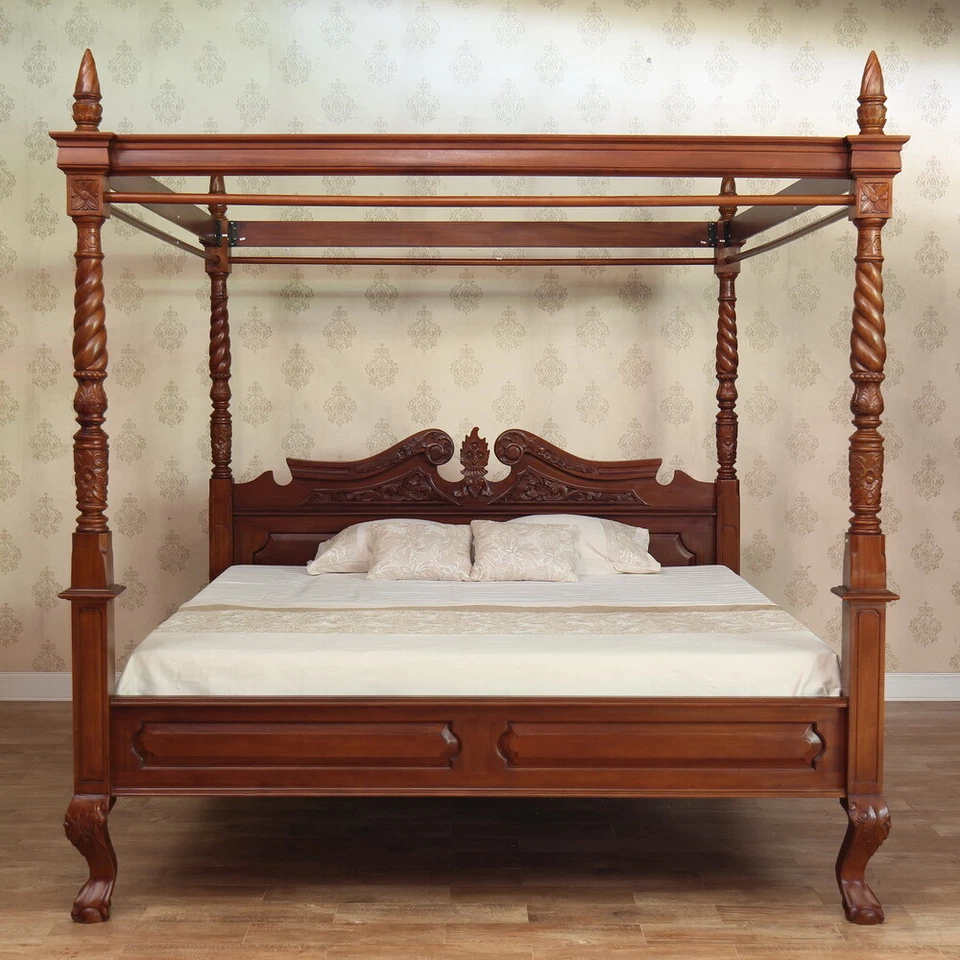 Handcrafted Solid Mahogany Queen Anne Four Poster Canopy Bed Frame B021 - Image 2 of 4