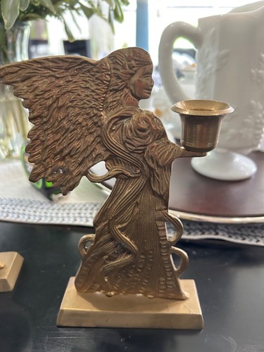 Vintage Hosley Brass Angel Two Sided Candle Holder Guardian Angel Holiday