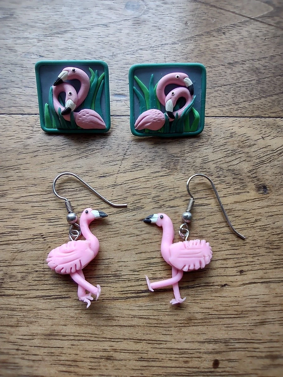 Flamingo Earrings Lot of 2 Pierced Ears Cute Fashion Fun Fishhook Costume Pink