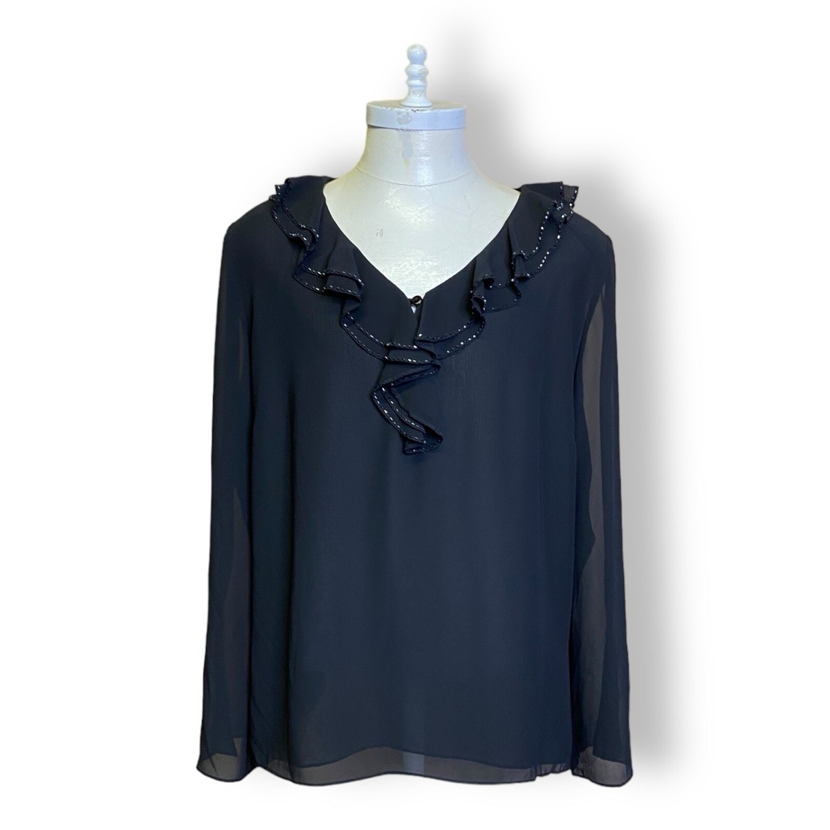 Black Ruffle Blouse Womens XL Shirt With Beaded Trim | eBay