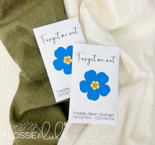 PERSONALISED FUNERAL TISSUE PACKETS FORGET ME NOT FLOWERS FAVOURS WREATHS RIBBON - Picture 3 of 3