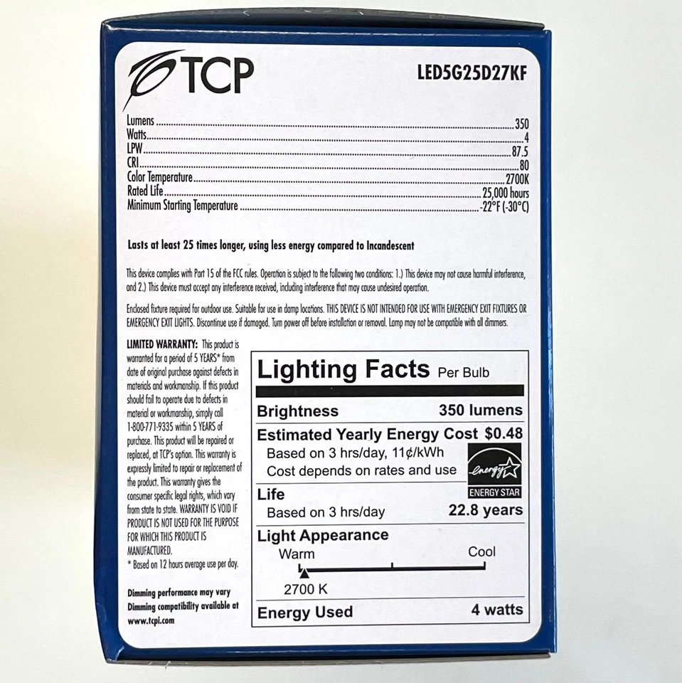 TCP LED5G25D27KF 4W 2700K Dimmable G25 Globe LED Light Bulb 40 Watt Replacement - Image 3 of 4