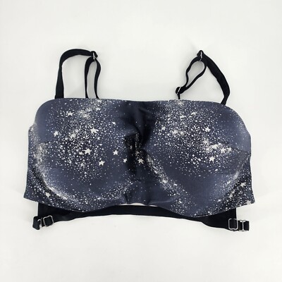 Cacique Swim Top Women's Size 40G Bandeau Gray White Star Print Removable Straps