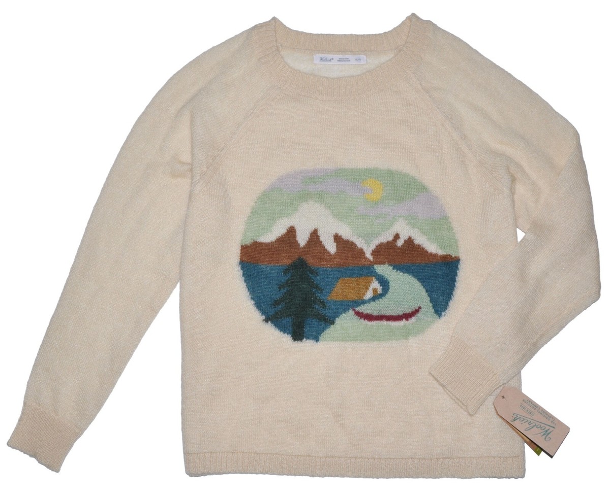 Woolrich Women's Mountain Motif Mohair Wool Knit Long Sleeve Sweater,  Cream, XL