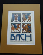 David Lance Goines Matted Art Print BACH Classical Music Blue Gold Brown Wings