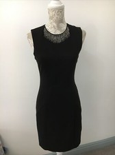 Black Sleeveless Bodycon Lined dress Open Notch Back & Silver Bead UK 8