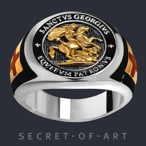 Saint St George Ring Holy Templar Patron Knight Dragon Silver 925 Gold-plated - Picture 11 of 12