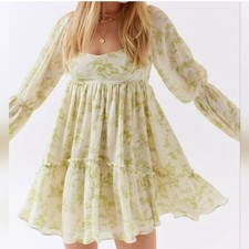 URBAN OUTFITTERS Lannette Long Sleeve Mini Dress Toile Green Size Small Fairy
