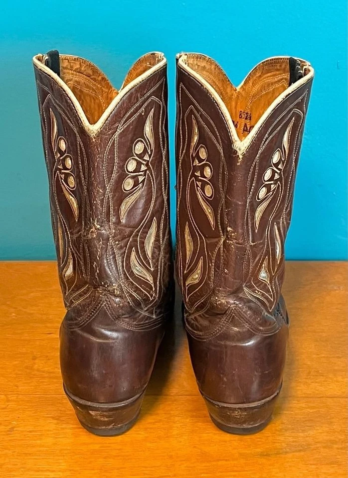Botas de caubói vintage anos 50 ACME 6,5 B marrom com padrão branco embutido - Imagem 4 de 4