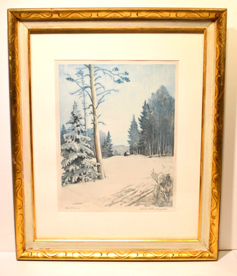 LEON PESCHERET lge Colored Etching 'Northland' Wisconsin Scene Listed WI Artist