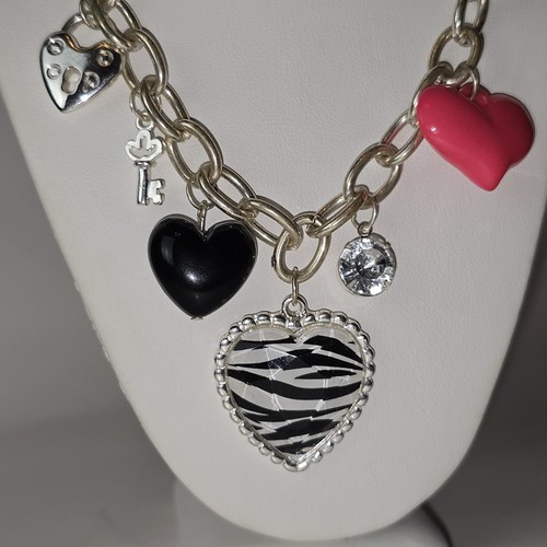 Y2K Zebra Heart Charm Statement Necklace Emo Scenecore Grunge Alt Jewelry Hearts - Picture 11 of 24