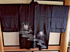 Vintage Japanese Haori Kimono Jacket Silk Shibori Embroidery Floral Black Japan