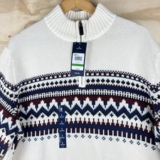 IZOD Pullover Sweater Men Size Large Vanilla Ice Fair Isles Chunky 1/4 Zip