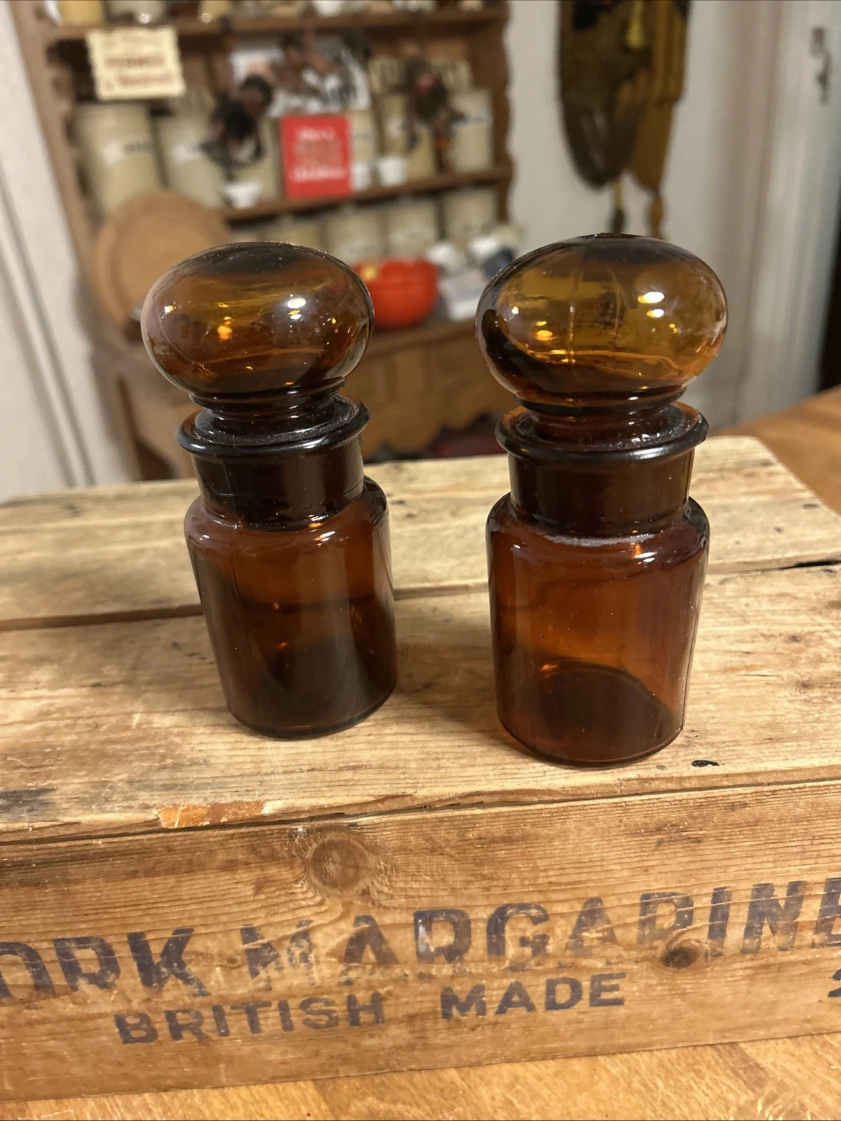 Vintage Pair Small Dark Amber Glass Storage Bottles / Jars - Great!
