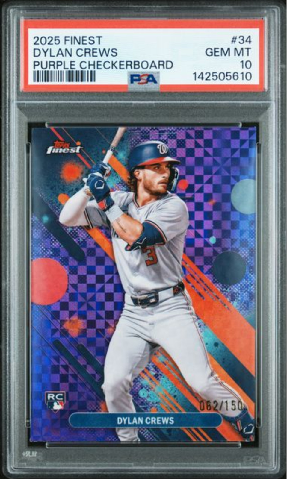 Graded 2025 Topps Finest Dylan Crews #34 Purple Checkerboard /150 RC Card PSA 10