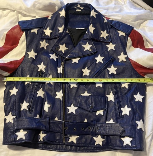 Vtg All American Rider Stars And Stripes Genuine Leather Flag Biker Jacket Sz L - Picture 6 of 10