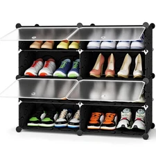 Black 4-Tier Shoe Rack Cabinet, 16-Pair Plastic Organizer for Bedroom/Closet