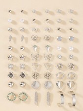 30 Pairs Silver Stud Earrings Set Hearts Bows Pearls Stars Shells Feathers